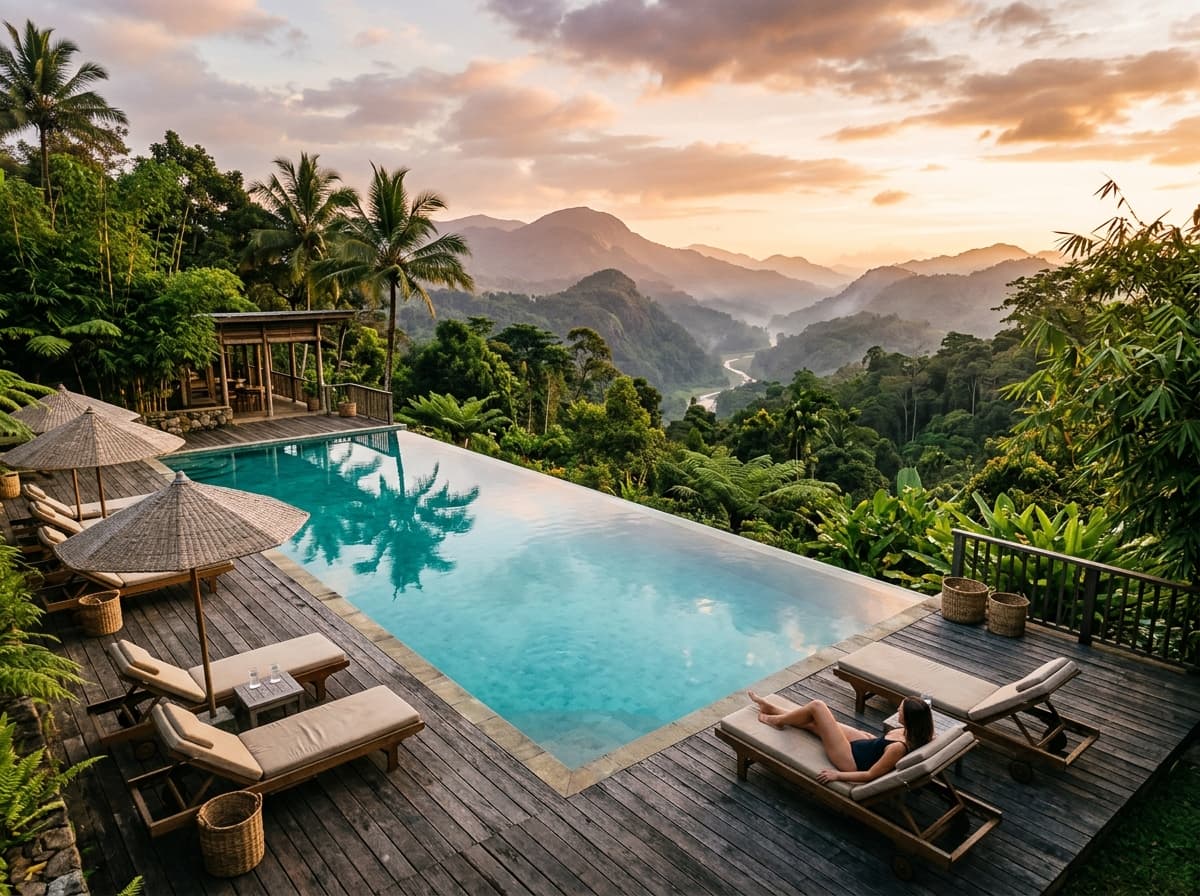 Infinity pool overlooking jungle mountains